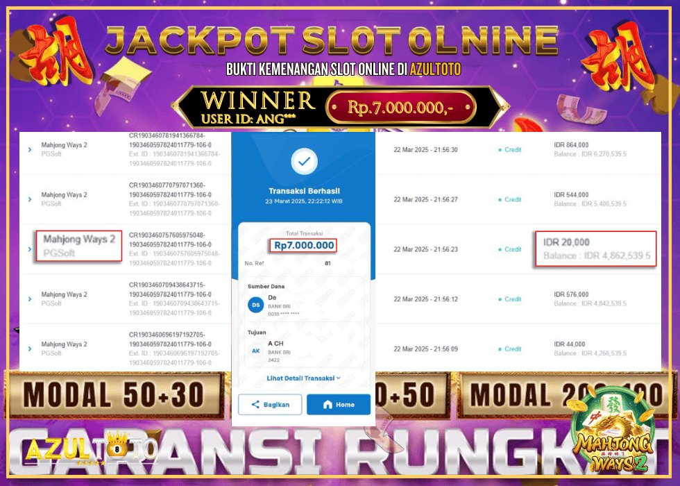 JACKPOT SLOT MAHJONG WAYS 2 RP.7.000.000,- LUNAS DI AZULTOTO!