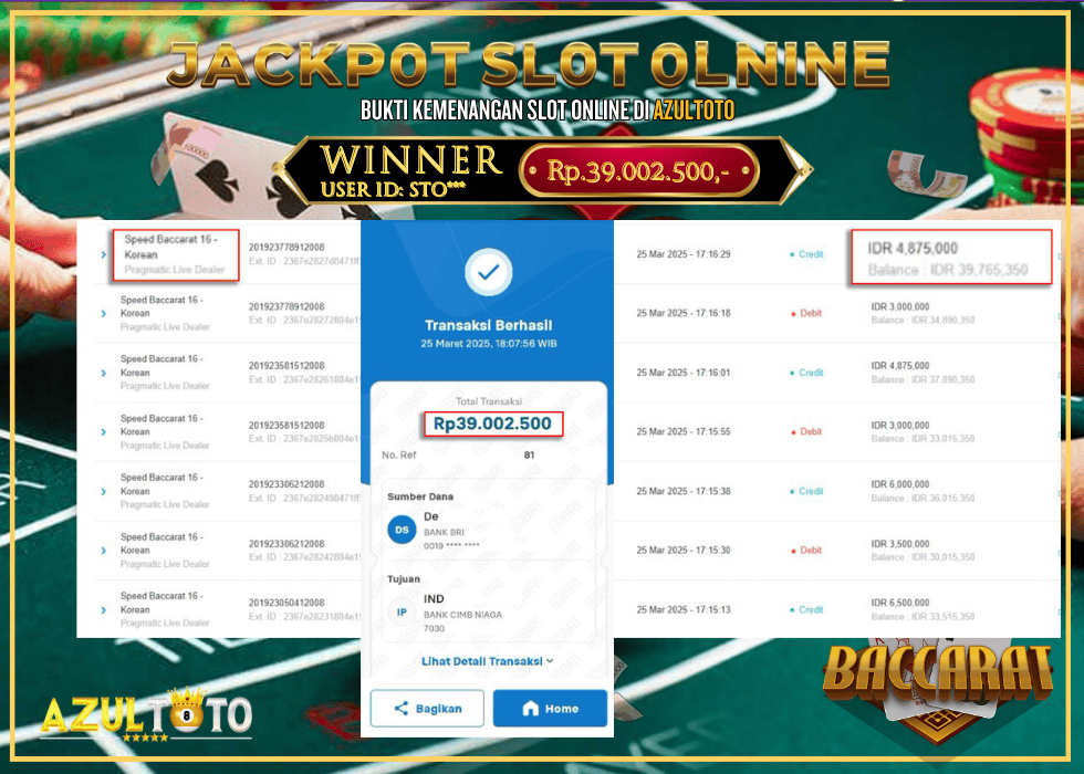 JACKPOT GAME : BACCARAT GAMES RP.39.002.500,- LUNAS DI AZULTOTO!
