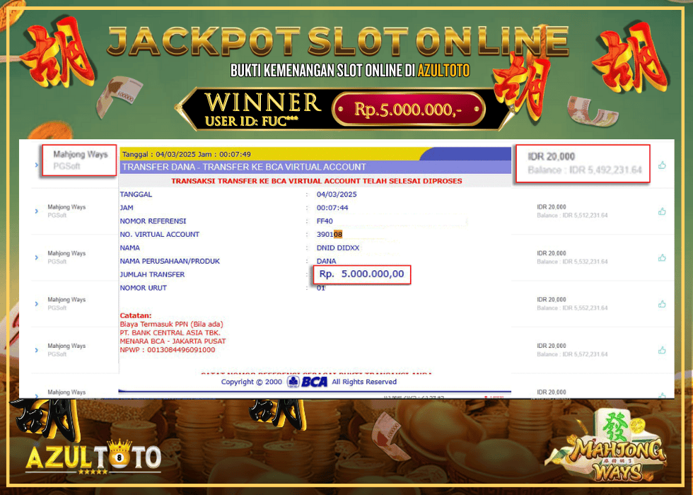 JACKPOT SLOT MAHJONG WAYS RP.5.000.000,- LUNAS DI AZULTOTO!