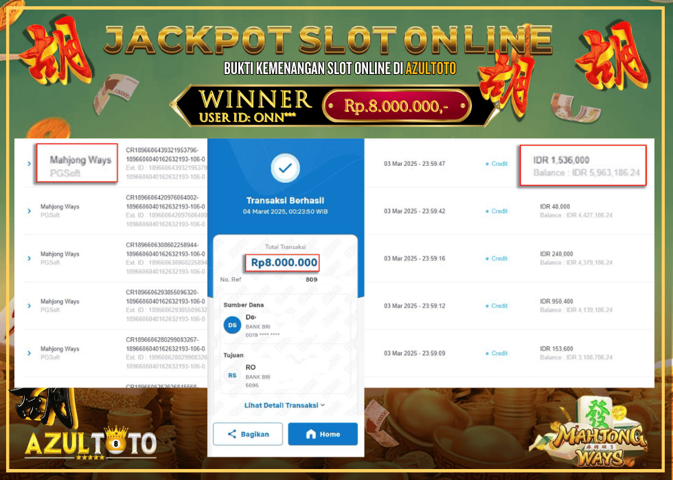 JACKPOT SLOT MAHJONG WAYS RP.8.000.000,- LUNAS DI AZULTOTO!