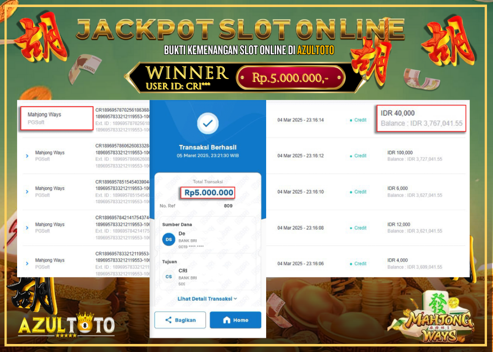 JACKPOT SLOT MAHJONG WAYS RP.5.000.000,- LUNAS DI AZULTOTO!