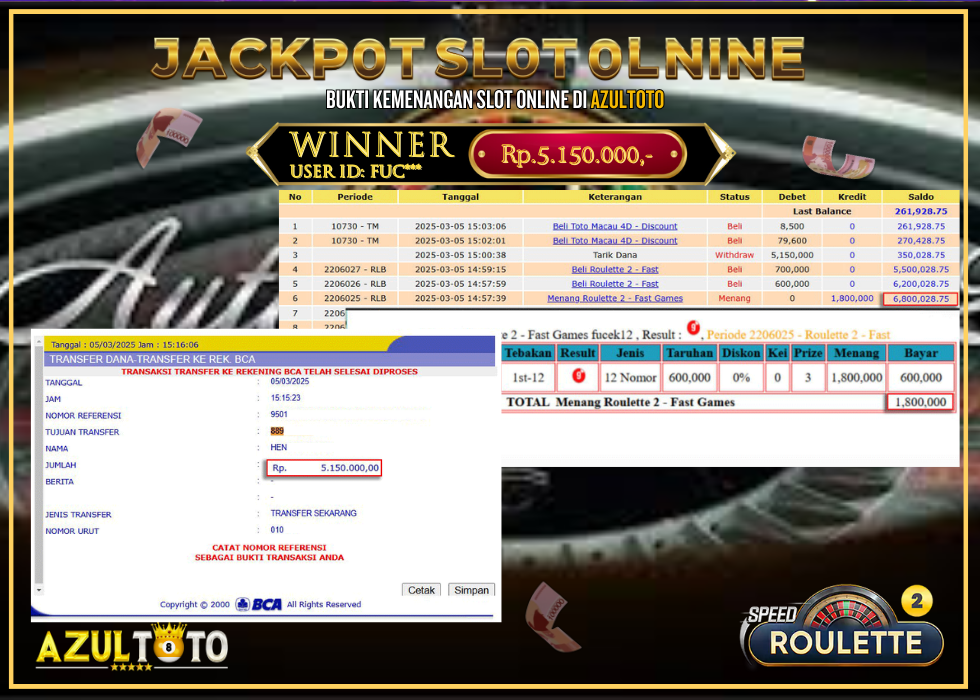 JACKPOT ROULLETE 2 FASTFAST RP.5.150.000,- LUNAS DI AZULTOTO!