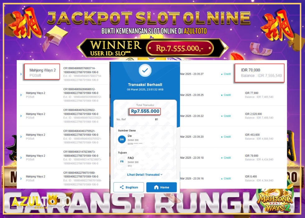 JACKPOT SLOT MAHJONG WAYS 2 RP.7.555.000,- LUNAS DI AZULTOTO!