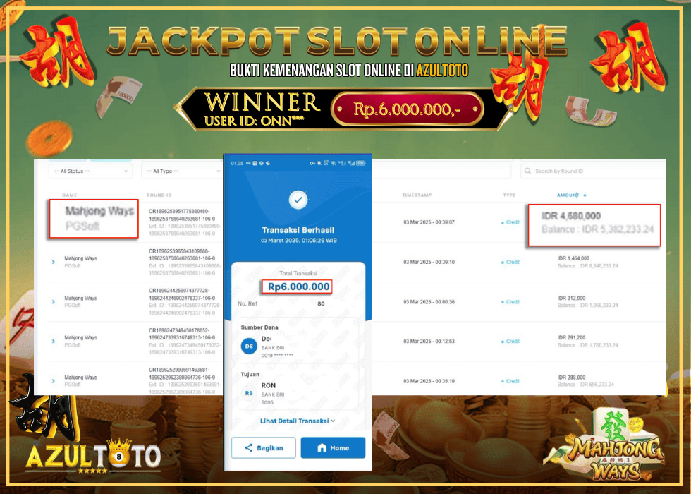 JACKPOT SLOT MAHJONG WAYS  RP.6.000.000,- LUNAS DI AZULTOTO!