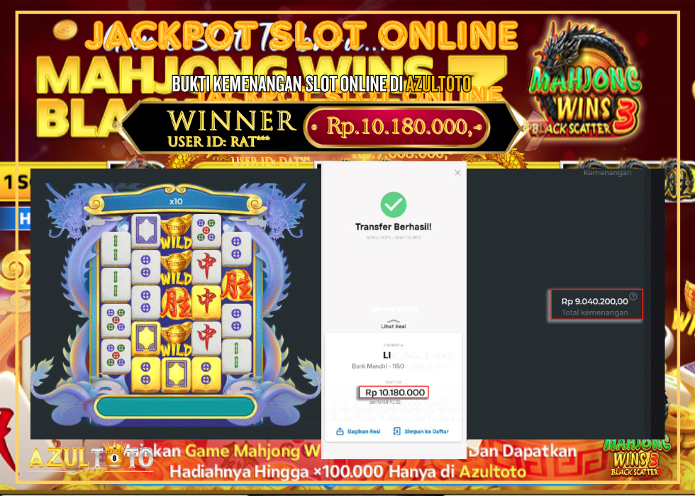 JACKPOT SLOT MAHJONG WINS 3 RP.10.180.000,- LUNAS DI AZULTOTO!