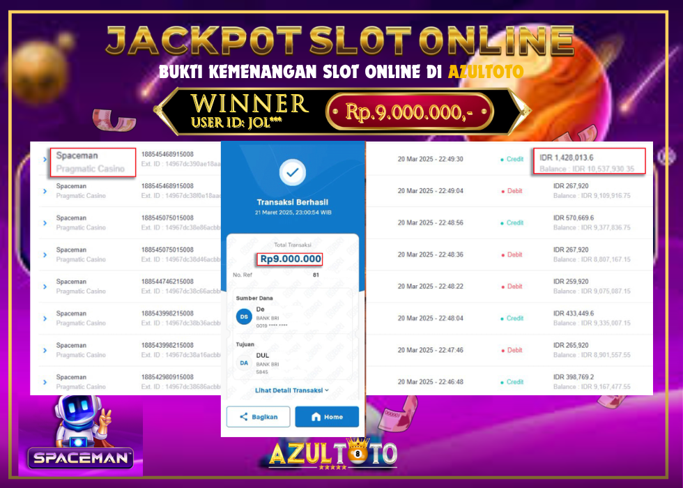 JACKPOT  SPACEMAN PRAGMATIC CASINO RP.9.000.000,- LUNAS DI AZULTOTO!