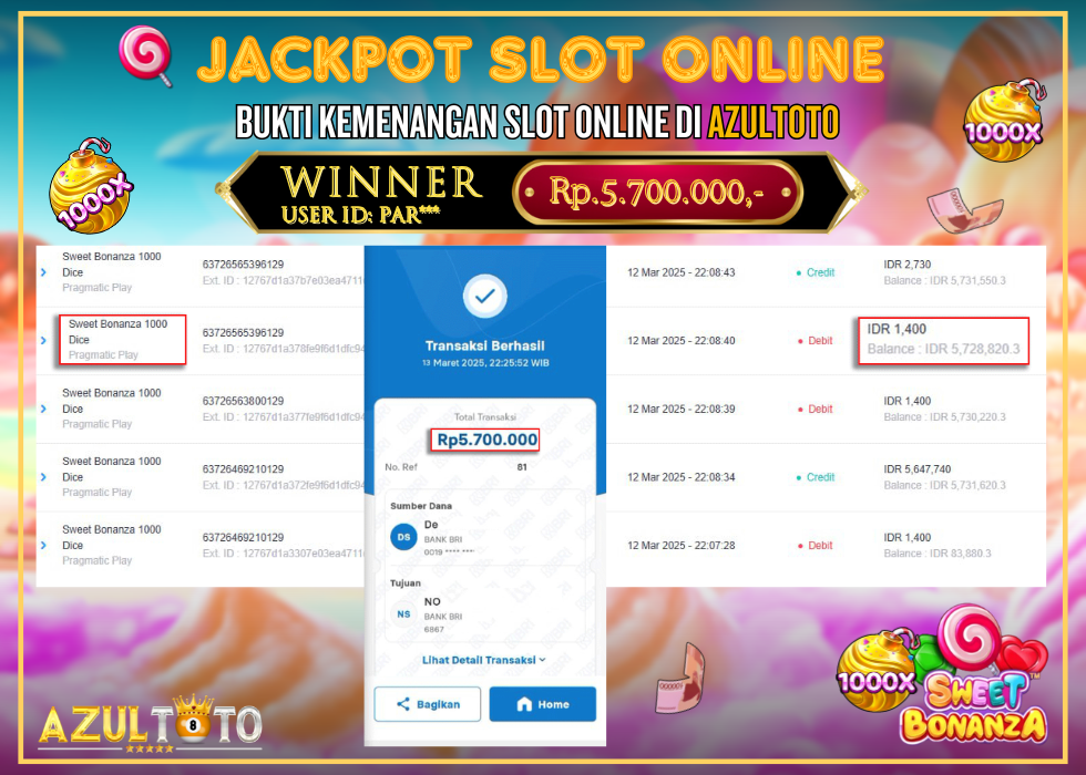 JACKPOT SLOT SWEET BONANZA 1000 RP.5.700.000,- LUNAS DI AZULTOTO!
