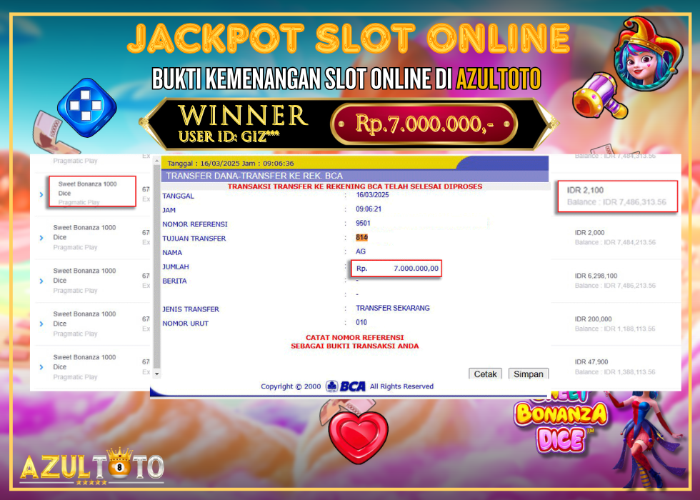 JACKPOT SLOT SWEET BONANZA DICE 1000 RP.7.000.000,- LUNAS DI AZULTOTO!