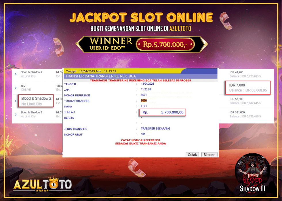JACKPOT SLOT NO LIMIT CIYY BLOOD &SHADOW2 RP.5.700.000,- LUNAS DI AZULTOTO!