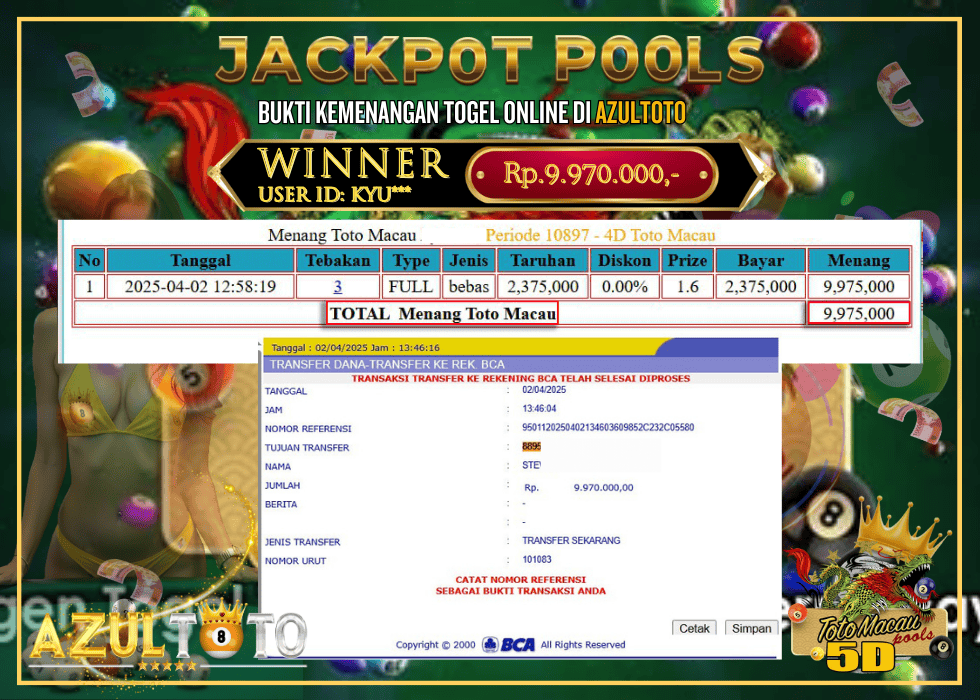 JACKPOT TOGEL TOTO MACAU 4D RP.9.970.000,- LUNAS DI AZULTOTO!