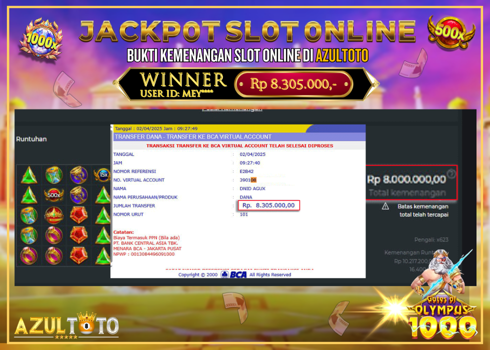 JACKPOT SLOT GATES OF OLYMPUS 1000 RP.8.305.000,- LUNAS DI AZULTOTO!
