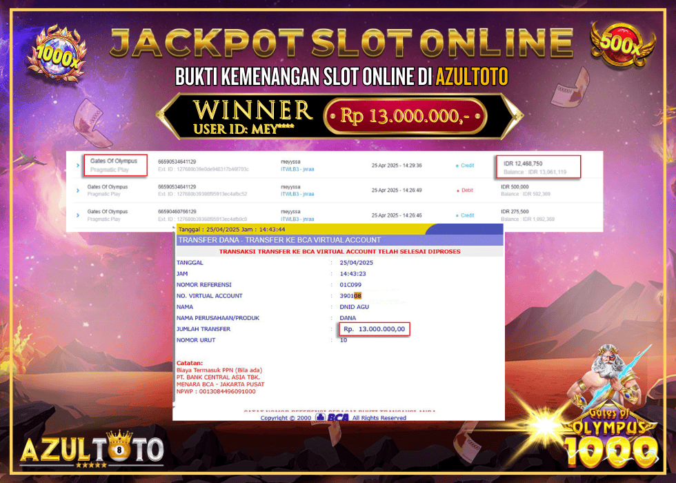 JACKPOT SLOT GATES OF OLYMPUS 1000 RP.13.000.000,- LUNAS DI AZULTOTO!