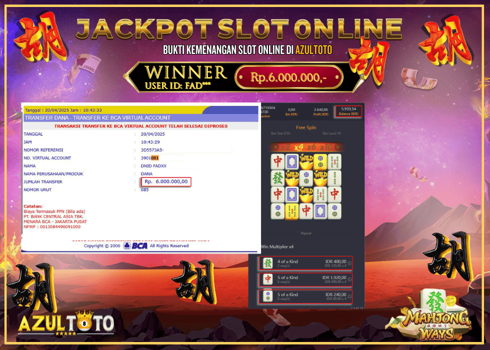 JACKPOT SLOT MAHJONG WAYS RP.6.000.000,- LUNAS DI AZULTOTO!