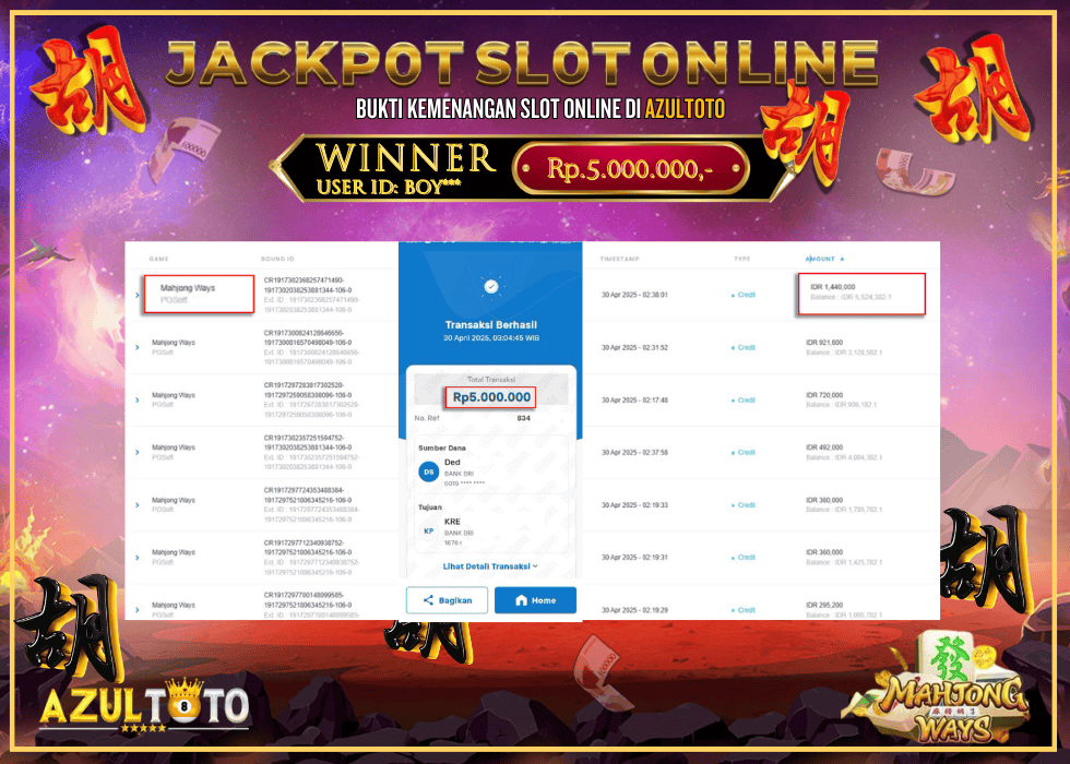 JACKPOT SLOT MAHJONG WAYS RP.5.000.000,- LUNAS DI AZULTOTO!