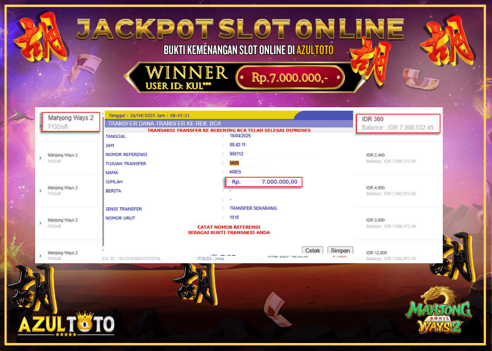 JACKPOT SLOT MAHJONG WAYS 2 RP.7.000.000,- LUNAS DI AZULTOTO!
