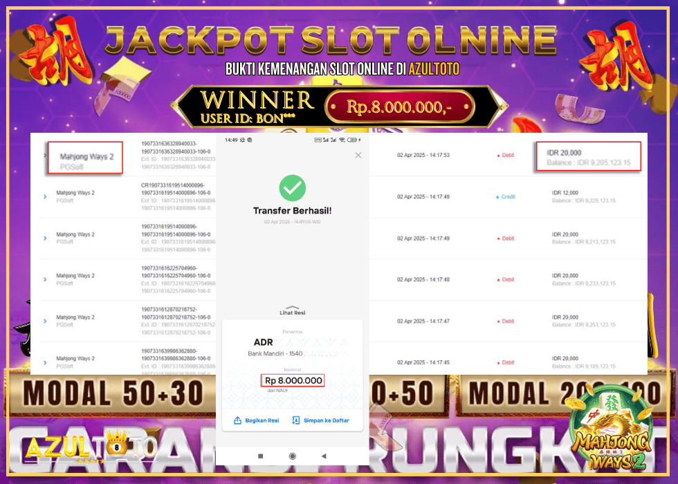JACKPOT SLOT MAHJONG WAYS 2 RP.8.000.000,- LUNAS DI AZULTOTO!