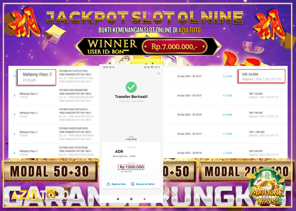 JACKPOT SLOT MAHJONG WAYS 2 RP.7.000.000,- LUNAS DI AZULTOTO!