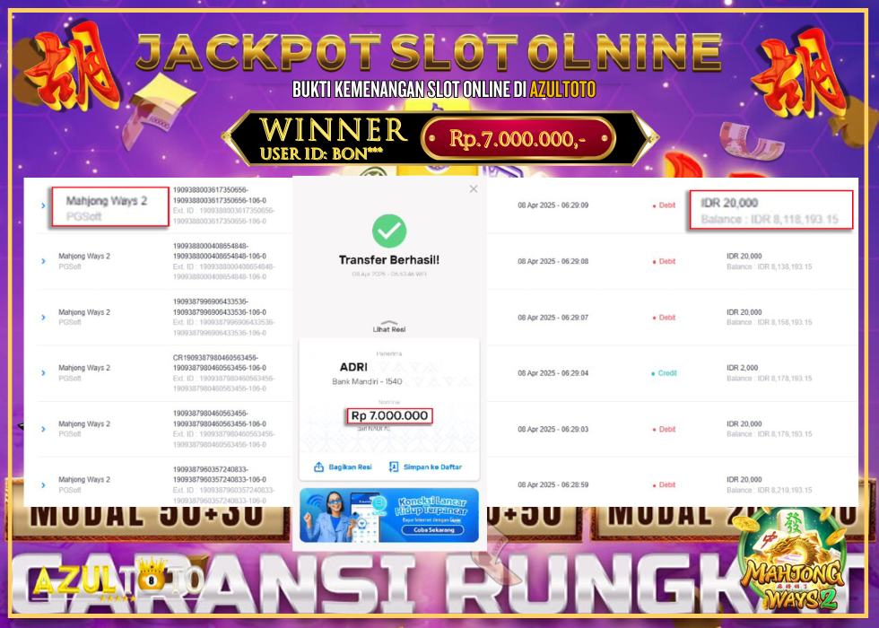 JACKPOT SLOT MAHJONG WAYS 2 RP.7.000.000,- LUNAS DI AZULTOTO!