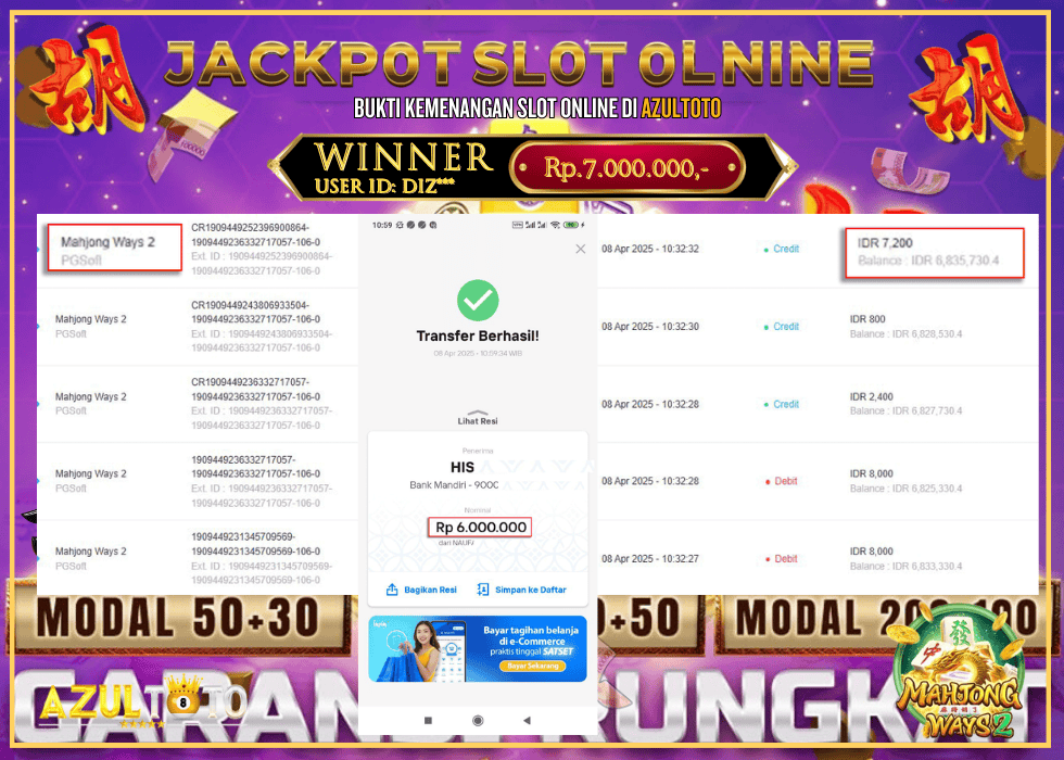 JACKPOT SLOT MAHJONG WAYS 2 RP.6.000.000,- LUNAS DI AZULTOTO!
