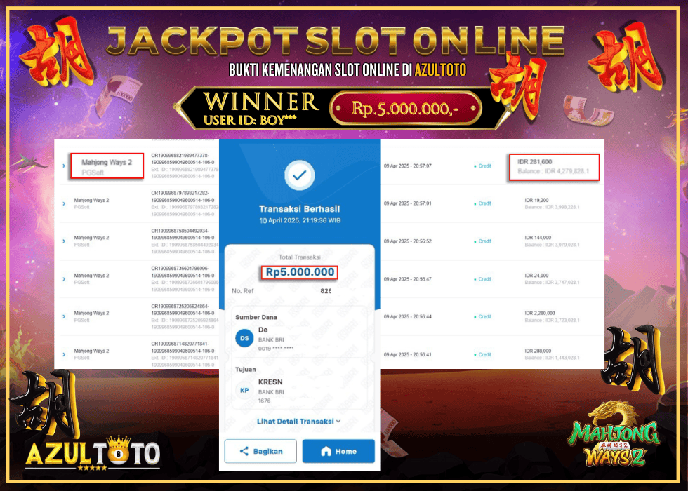 JACKPOT SLOT MAHJONG WAYS 2 RP.5.000.000,- LUNAS DI AZULTOTO!