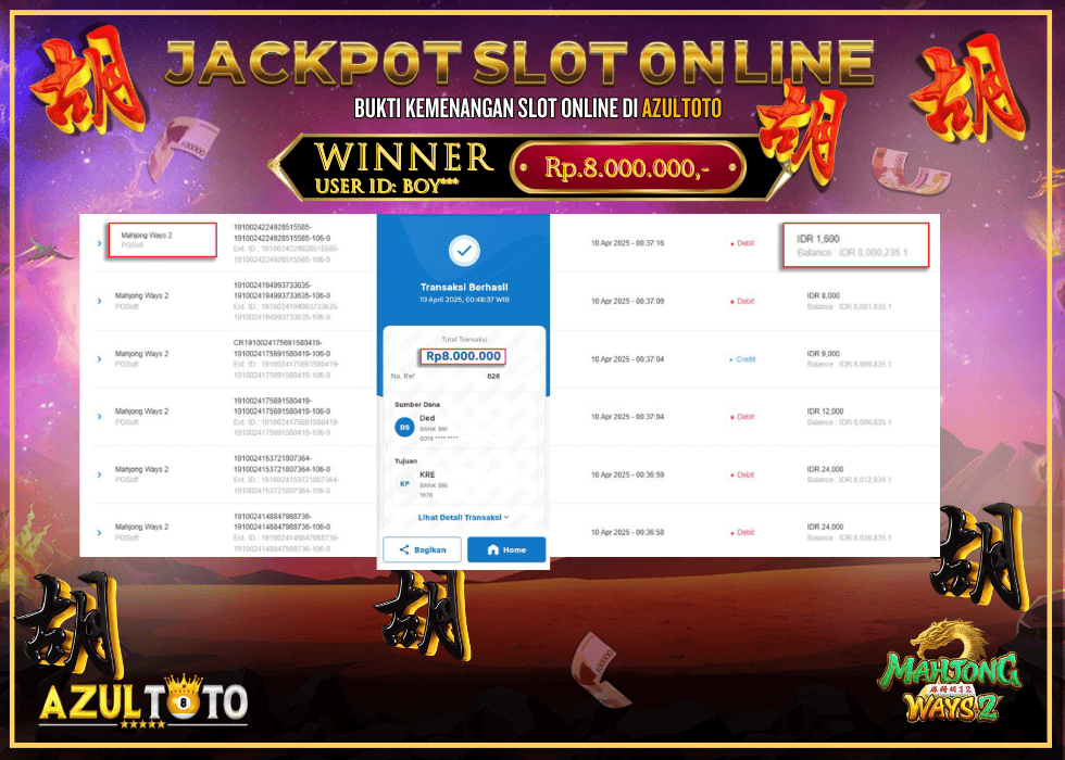 JACKPOT SLOT MAHJONG WAYS 2 RP.8.000.000,- LUNAS DI AZULTOTO!