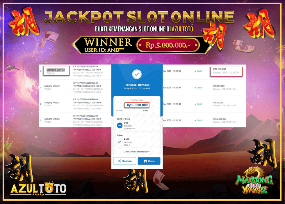 JACKPOT SLOT MAHJONG WAYS 2 RP.5.000.000,- LUNAS DI AZULTOTO!