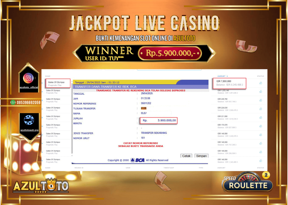JACKPOT PRAGMATIC ROULLATTE RP.5.900.000,- LUNAS DI AZULTOTO!