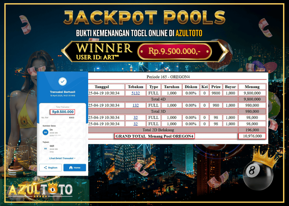 JACKPOT TOGEL OREGON 4 RP.9.500.000,- LUNAS DI AZULTOTO!