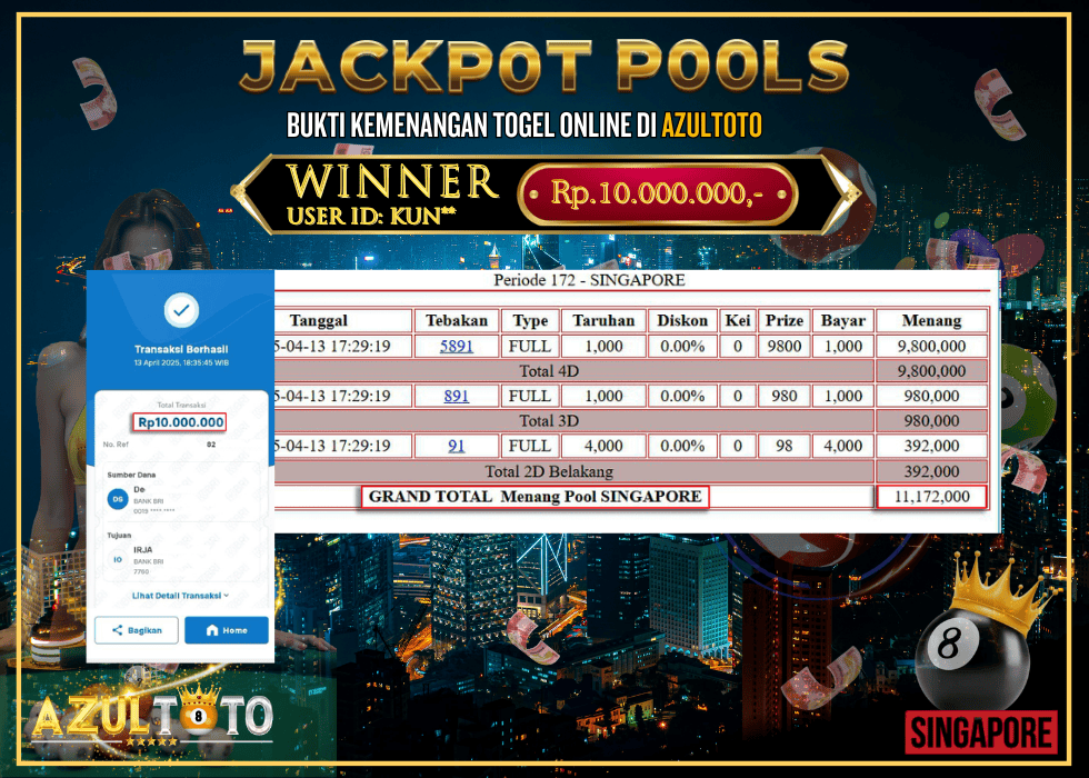 JACKPOT TOGEL SINGAPORE RP.10.000.000,- LUNAS DI AZULTOTO!
