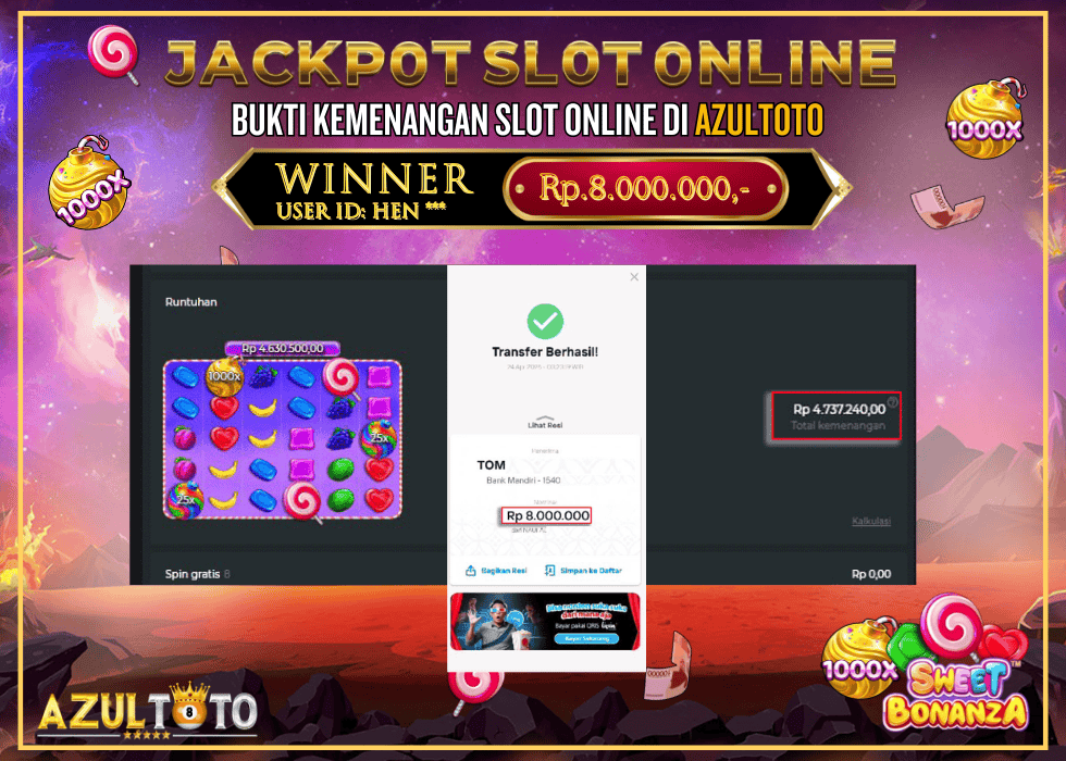 JACKPOT SLOT SWEET BONANZA 1000 RP.8.000.000,- LUNAS DI AZULTOTO!