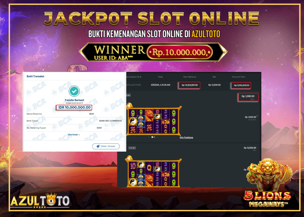 JACKPOT SLOT 5LIONS MEGAWAYS RP.10.000.000,- LUNAS DI AZULTOTO!