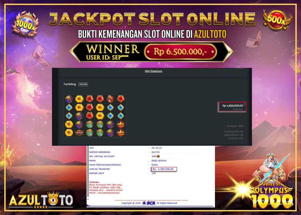 JACKPOT SLOT GATES OF OLYMPUS 1000 RP.6.500.000,- LUNAS DI AZULTOTO!