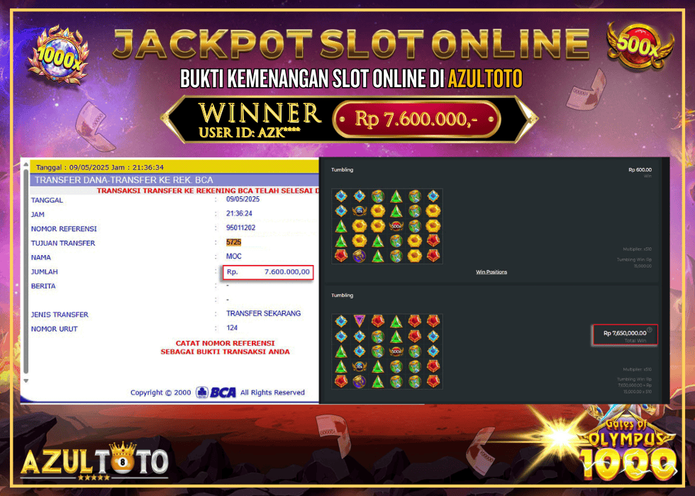 JACKPOT SLOT GATES OF OLYMPUS 1000 RP.7.600.000,- LUNAS DI AZULTOTO!