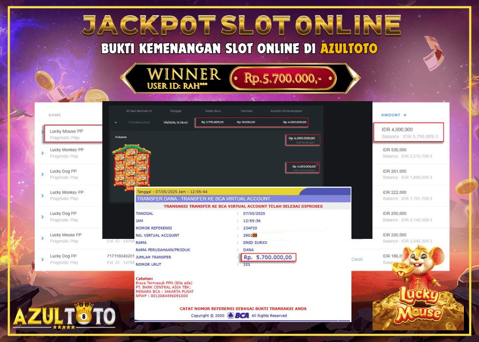 JACKPOT SLOT PP LUCKY MOUSE PP RP.5.700.000,- LUNAS DI AZULTOTO!
