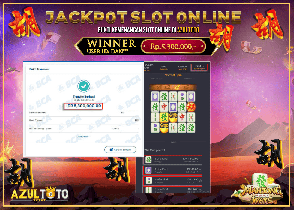 JACKPOT SLOT MAHJONG WAYS RP.5.300.000,- LUNAS DI AZULTOTO!