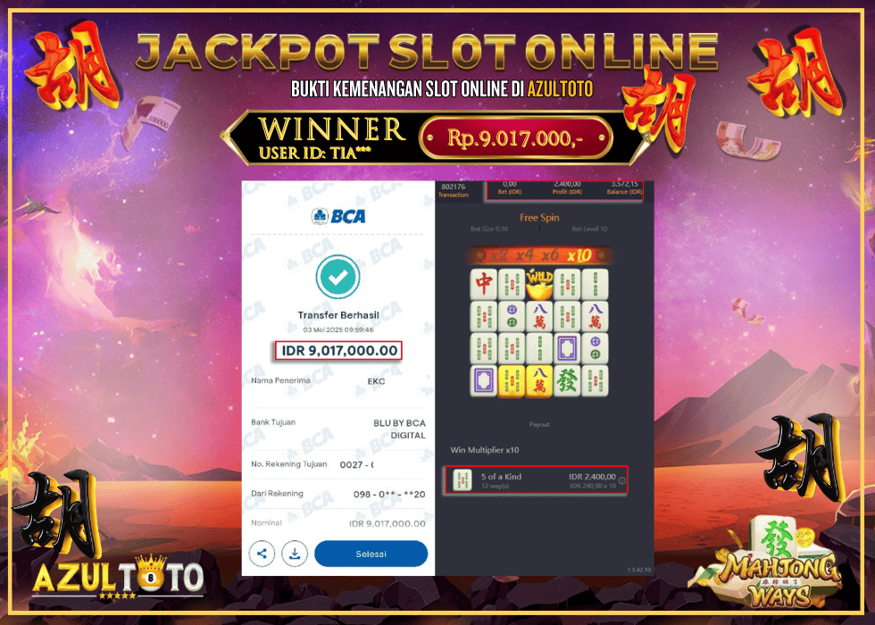 JACKPOT SLOT MAHJONG WAYS RP.9.017.000,- LUNAS DI AZULTOTO!