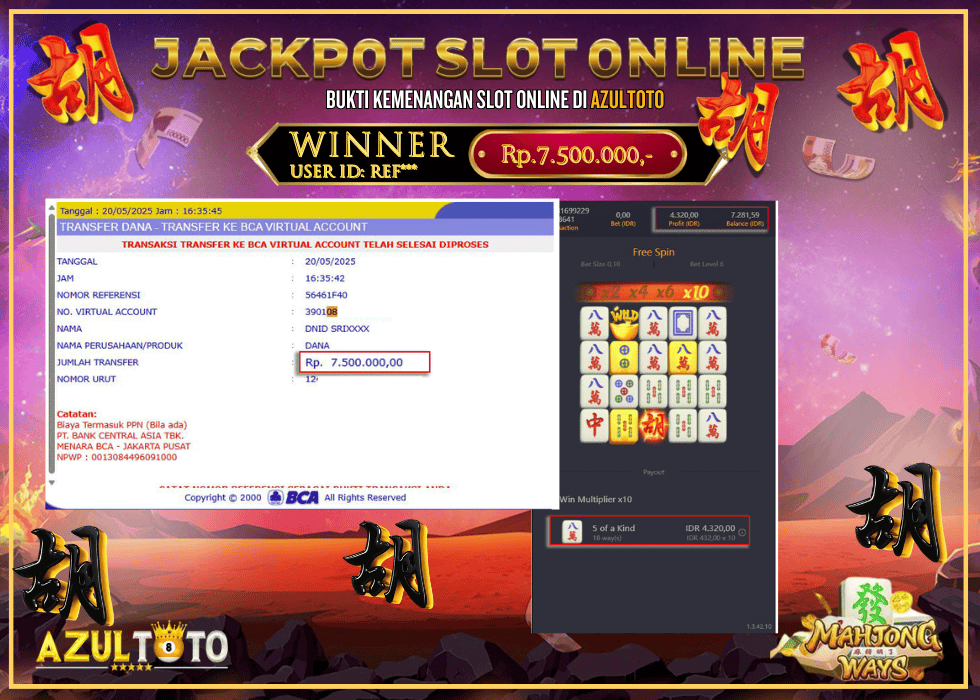 JACKPOT SLOT MAHJONG WAYS RP.7.500.000,- LUNAS DI AZULTOTO!