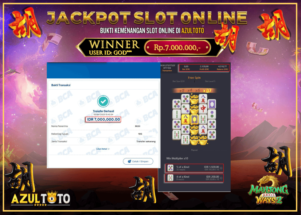 JACKPOT SLOT MAHJONG WAYS 2 RP.7.000.000,- LUNAS DI AZULTOTO!