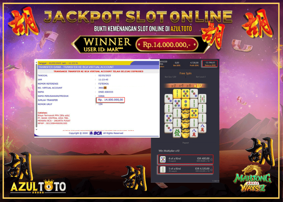 JACKPOT SLOT MAHJONG WAYS 2 RP.14.000.000,- LUNAS DI AZULTOTO!