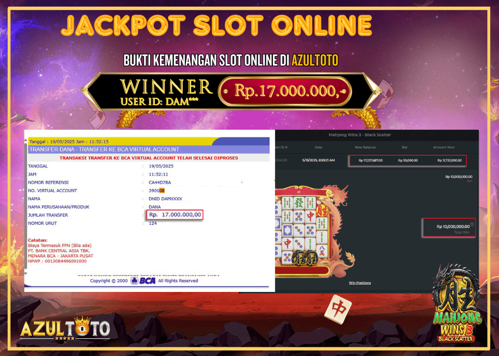JACKPOT SLOT MAHJONG WINS 3  RP.17.000.000,- LUNAS DI AZULTOTO!