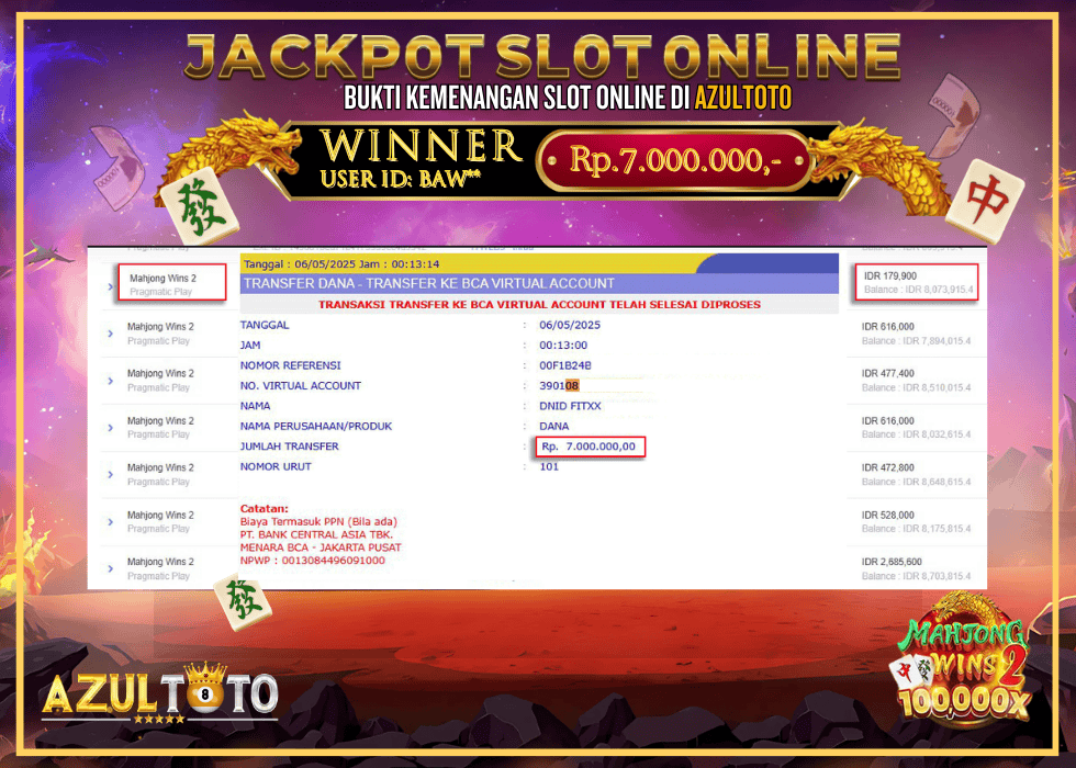 JACKPOT SLOT MAHJONG WINS 2 RP.7.000.000,- LUNAS DI AZULTOTO!