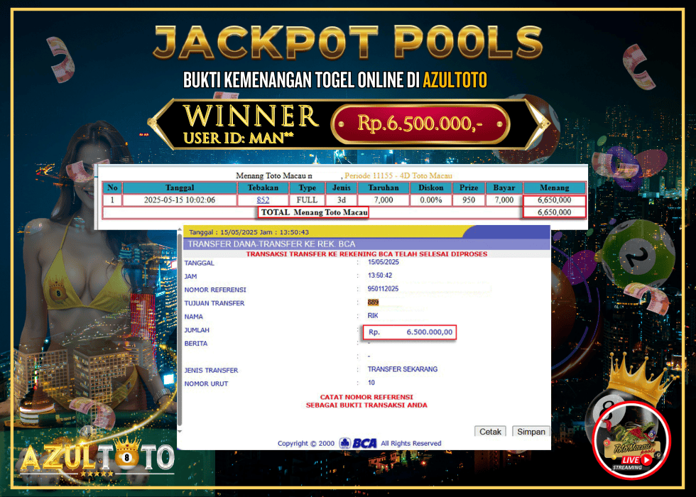 JACKPOT TOGEL TOTO MACAU 4D RP.6.500.000,- LUNAS DI AZULTOTO!