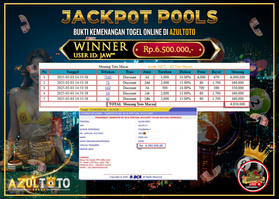 JACKPOT TOGEL TOTO MACAU 4D RP.6.500.000,- LUNAS DI AZULTOTO!