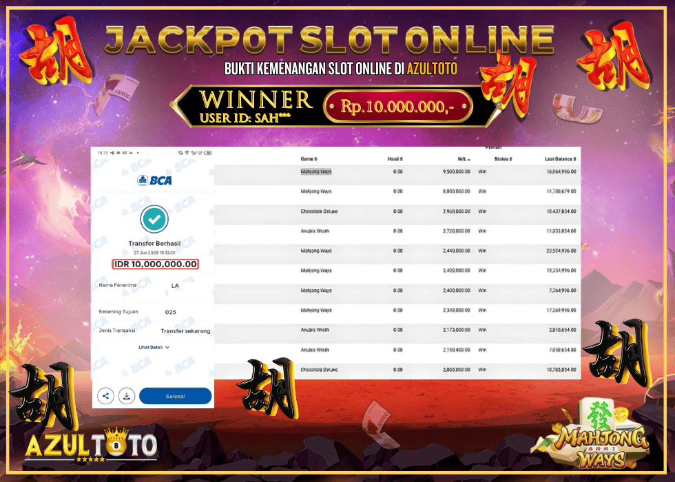 JACKPOT SLOT MAHJONG WAYS RP.10.000.000,- LUNAS DI AZULTOTO!