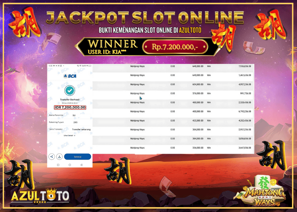 JACKPOT SLOT MAHJONG WAYS RP.7.200.000,- LUNAS DI AZULTOTO!