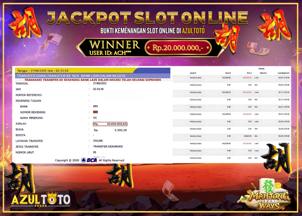 JACKPOT SLOT MAHJONG WAYS RP.20.000.000,- LUNAS DI AZULTOTO!