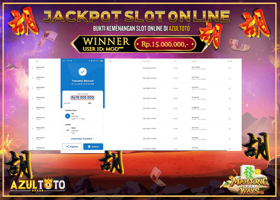 JACKPOT SLOT MAHJONG WAYS RP.15.000.000,- LUNAS DI AZULTOTO!