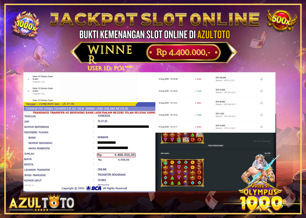 JACKPOT SLOT GATES OF OLYMPUS 1000 RP.4.400.000,- LUNAS DI AZULTOTO!