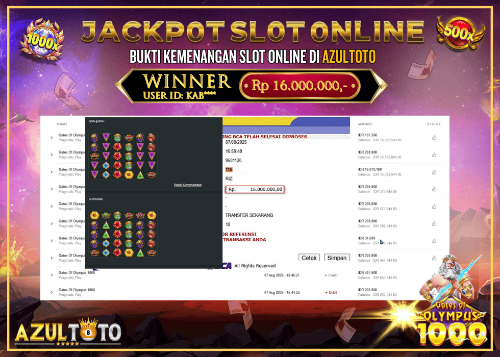 JACKPOT SLOT GATES OF OLYMPUS 1000 RP.16.000.000,- LUNAS DI AZULTOTO!