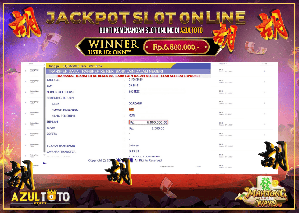 JACKPOT SLOT MAHJONG WAYS RP.6.800.000,- LUNAS DI AZULTOTO!